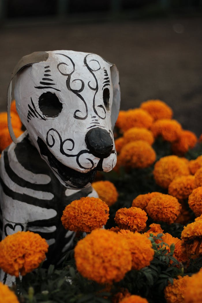 why-choose-us Close-up of a Dia de los Muertos dog figurine surrounded by vibrant marigolds.